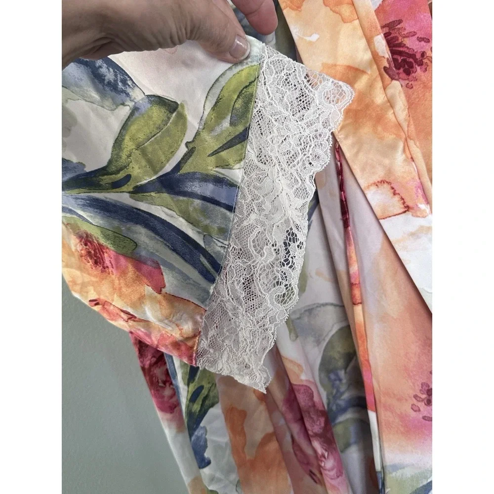 Linea Donatella Robe Womens S/M Watercolor Floral Satin Lace Trim Belted Kimono